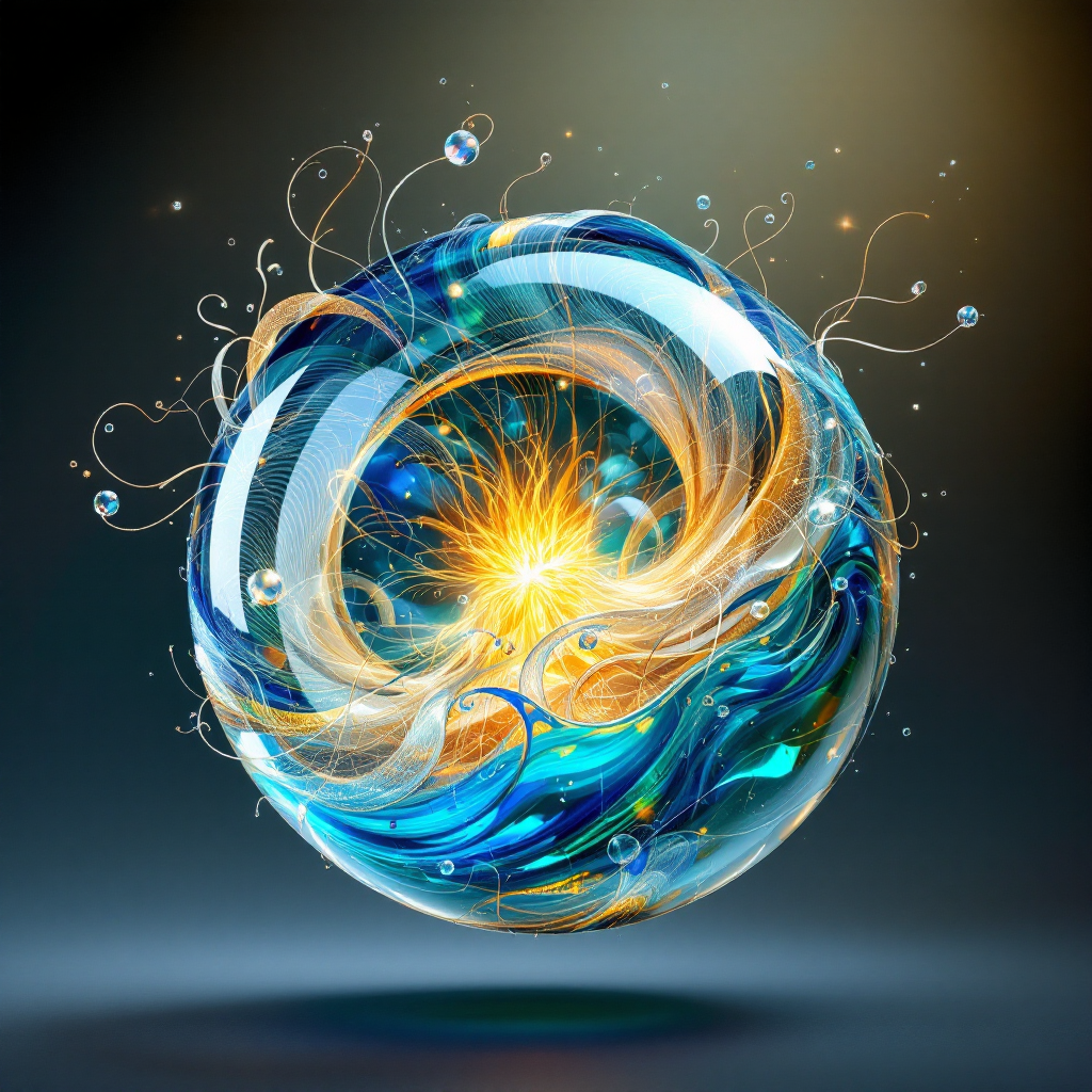 A luminous orb swirls with vibrant blue and gold hues, embodying the intertwining forces of memory and power, reflecting the essence of wielding the past.