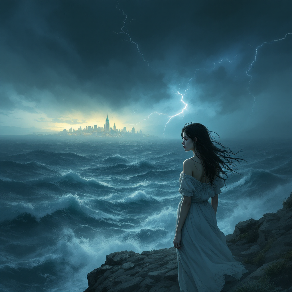 A woman in a flowing white dress stands on a rocky shore, facing turbulent waves beneath a stormy sky, as distant city lights flicker in the gloom, embodying longing and regret.