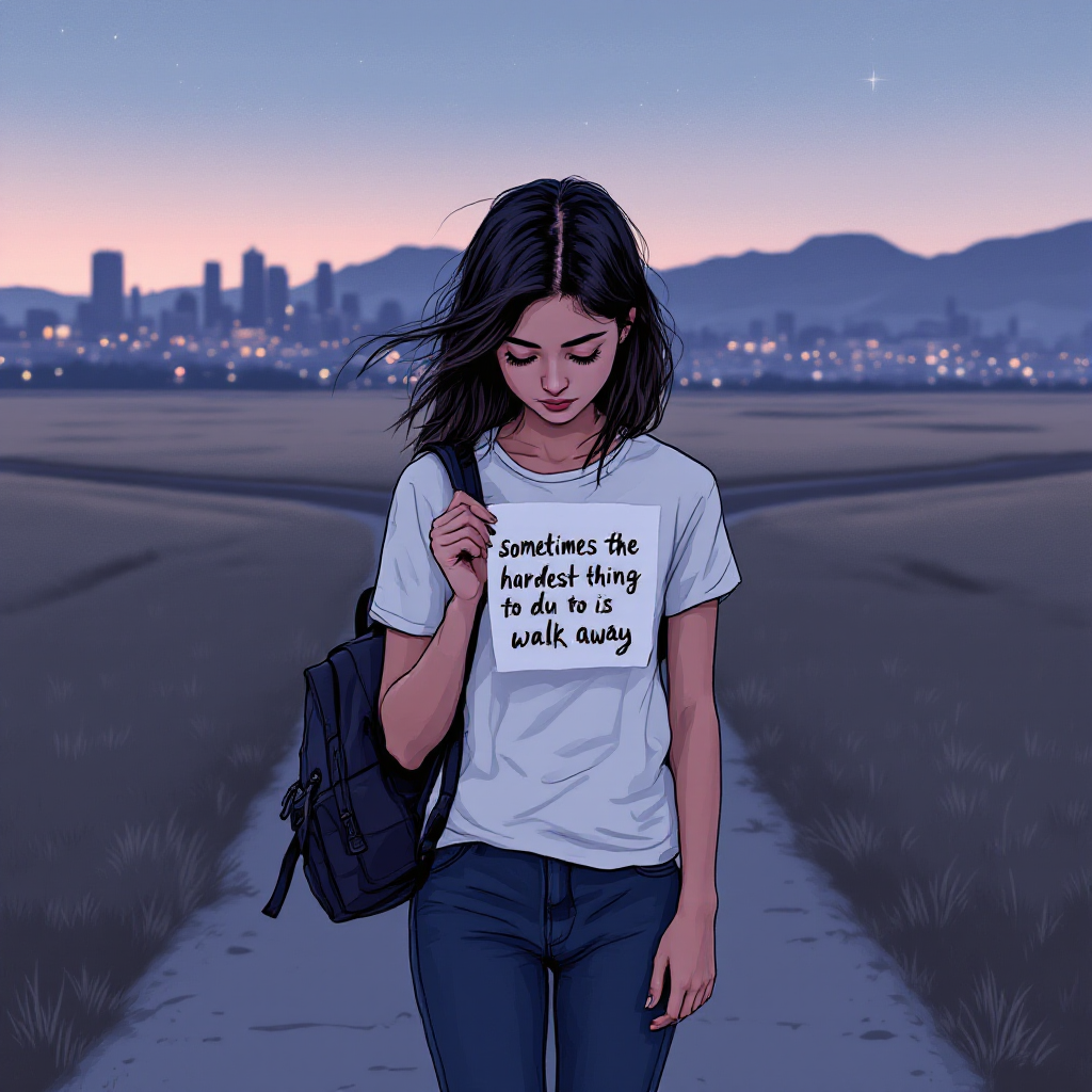 A young woman walks down a path at dusk, wearing a shirt that reads, “Sometimes the hardest thing to do is walk away,” with a city skyline visible in the background.