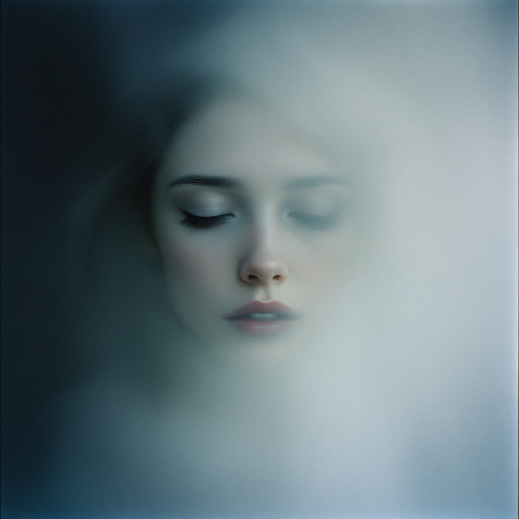 A soft, ethereal portrait of a woman with closed eyes, enveloped in a misty haze, embodying the elusive nature of true love as described in the quote about ghosts.