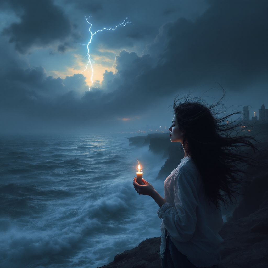 A woman stands on a rocky shore, holding a candle against a stormy sky illuminated by lightning, embodying the quote about living life fully yet questioning its worth.