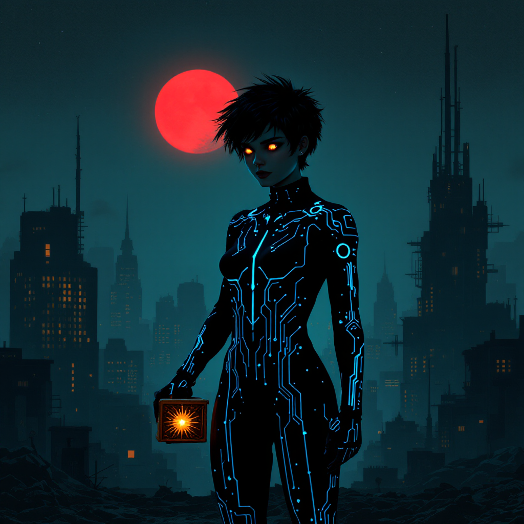 A figure in a futuristic suit stands in a dark, desolate cityscape, holding a glowing cube, with determined eyes illuminated against a striking red moon, embodying resilience in darkness.