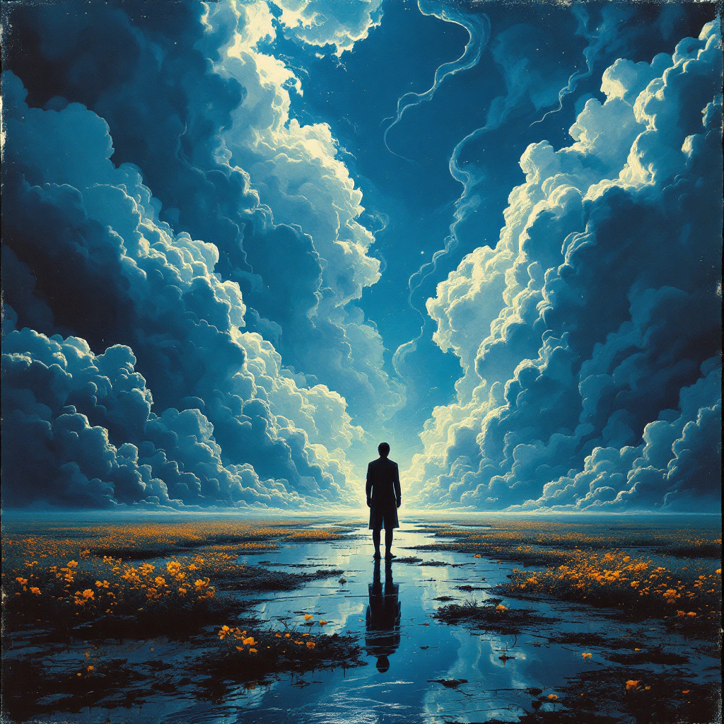 A lone figure stands on a reflective path, flanked by towering clouds and vibrant flowers, embodying the uncertainty of truth in a world of shifting rules.