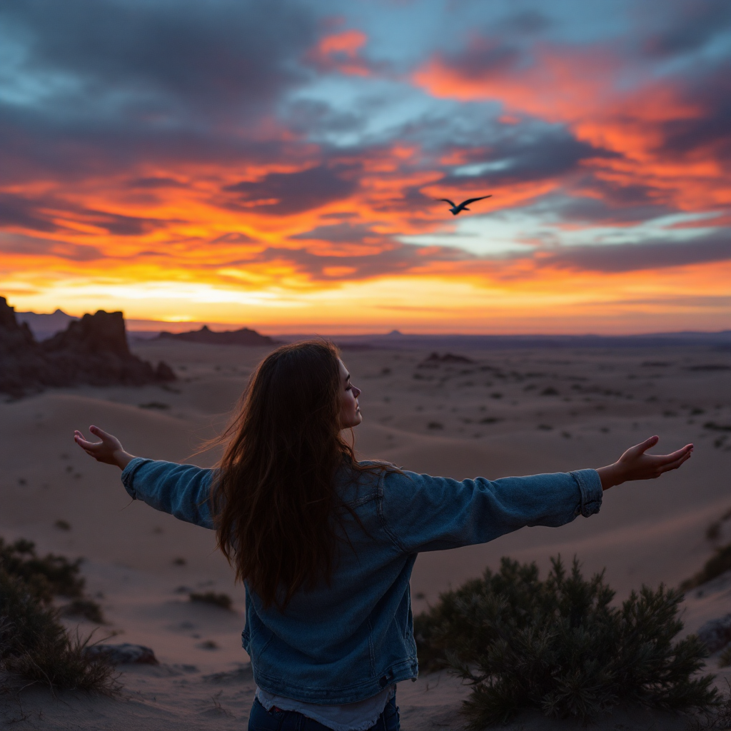 A woman stands with arms outstretched in a vast desert at sunset, a bird soaring above her, embodying the quote about finding oneself through letting go of everything else.