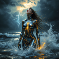 A figure emerges from turbulent waters, adorned in a shimmering, dark suit, surrounded by lightning and stormy skies, embodying strength and resilience amidst chaos.