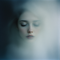 A soft, ethereal portrait of a woman with closed eyes, enveloped in a misty haze, embodying the elusive nature of true love as described in the quote about ghosts.