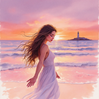 A woman in a flowing white dress walks along the beach at sunset, embodying vulnerability and the beauty of love, with a lighthouse standing tall in the tranquil background.