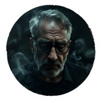 A somber man with glasses, deep in thought, surrounded by wisps of smoke, embodies the weight of existential reflection on morality and revolt.