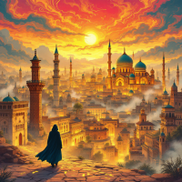 A figure in a flowing cloak stands on a rocky ledge overlooking a vibrant, mystical city at sunset, with swirling clouds and towering minarets, embodying the idea that everything is a clue.