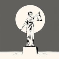 An abstract depiction of Lady Justice, blindfolded and holding scales, surrounded by a soft circle, symbolizing the complexity of justice and its potential for misguided outcomes.