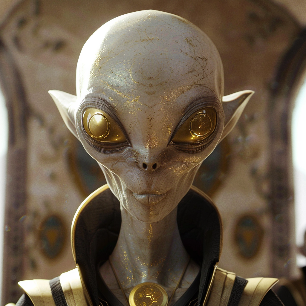 Close-up of an alien with pale, flawless skin and golden-ringed eyes, appearing hairless and set against a detailed architectural background.