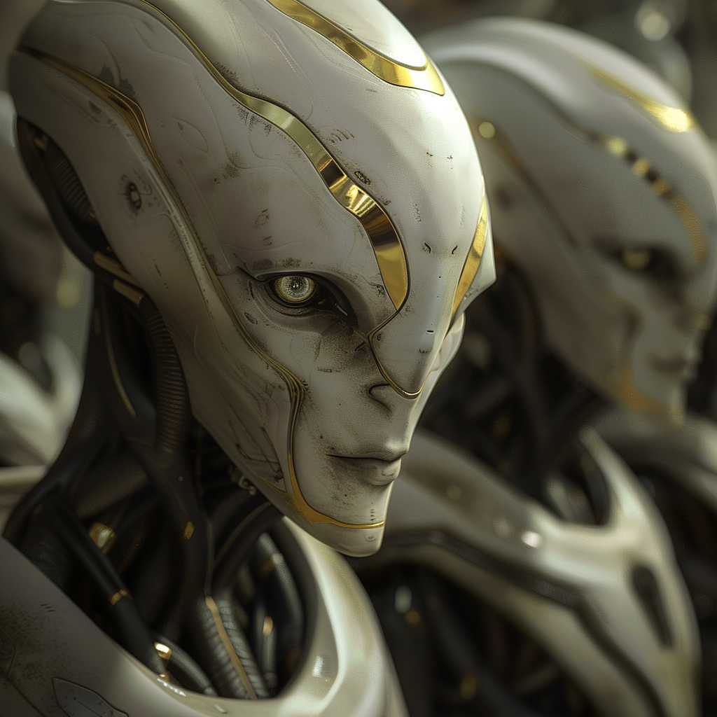 Three pale, hairless alien figures with tall, muscular builds and flawless skin, featuring golden rings radiating from the pupils of their eyes.