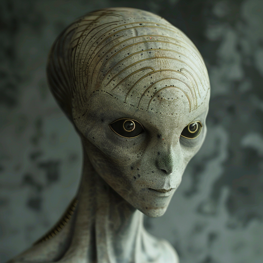 An alien with pale, flawless skin and distinctive golden rings radiating from the pupils of its large, hairless head.