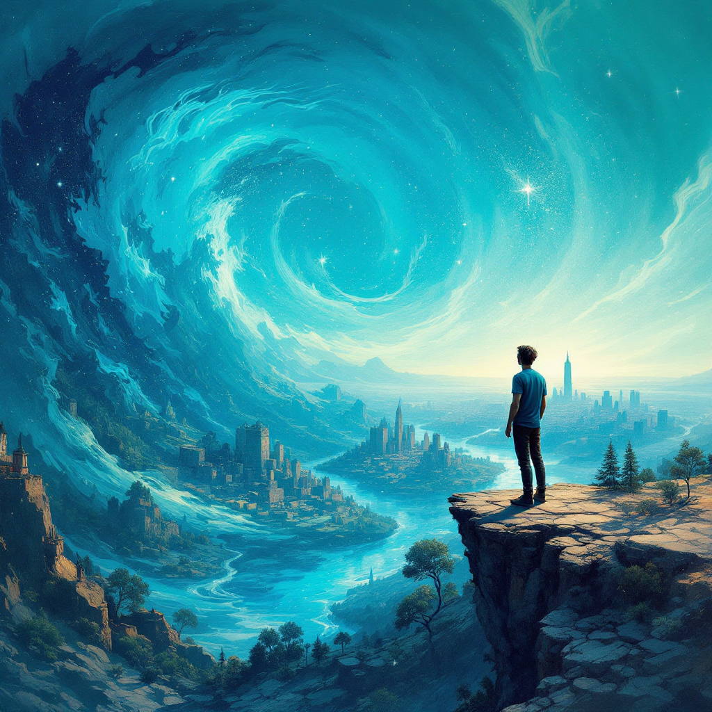 A figure stands on a rocky ledge, gazing at a swirling blue vortex above a vibrant landscape, illustrating the complex relationship between perception and reality.