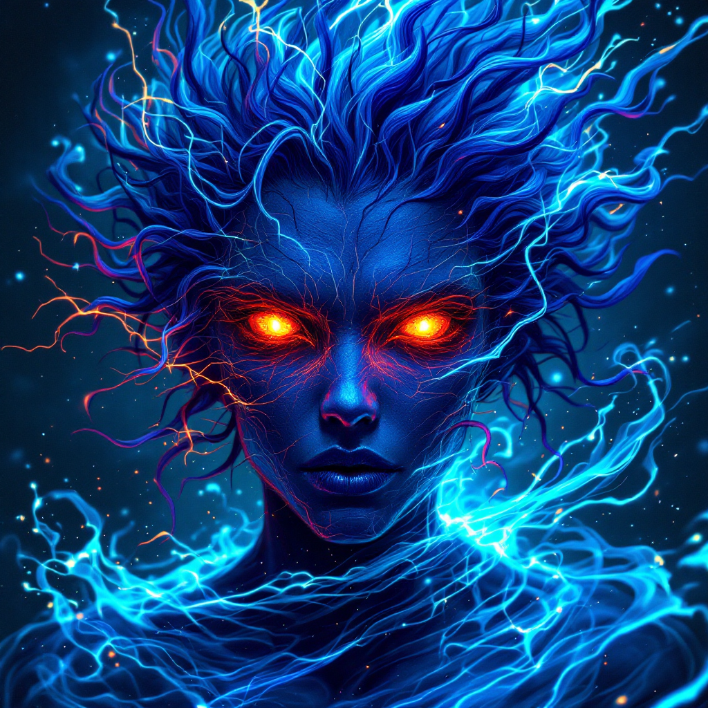 A striking figure with glowing orange eyes and electric blue hair, emanates swirling energy. The intense expression embodies inner turmoil and rage.