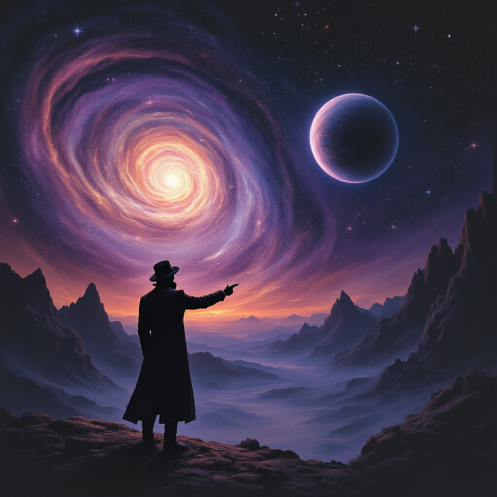 A figure in a black coat stands on a rocky ledge, pointing towards a swirling galaxy and a distant planet under a starry sky, embodying the spirit of exploration and self-discovery.