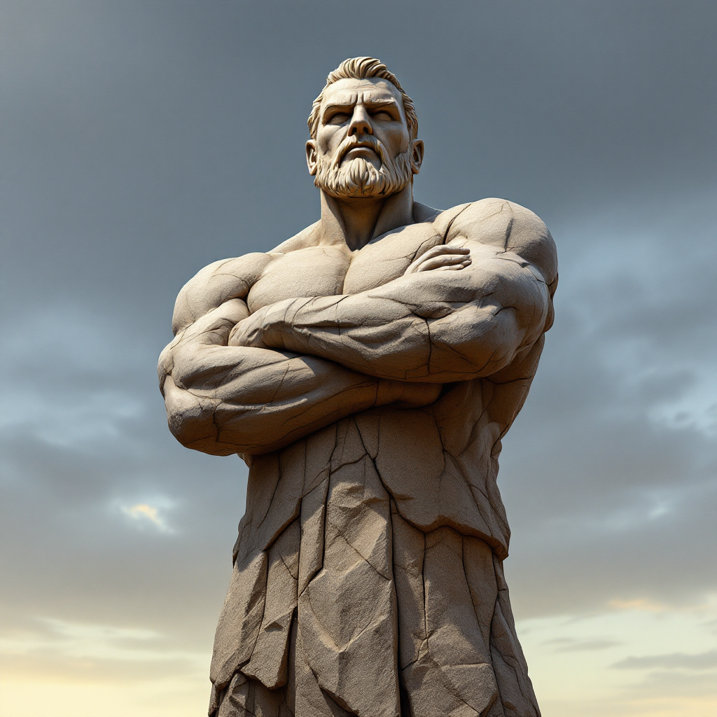 A powerful, muscular statue stands confidently with arms crossed against a dramatic sky, symbolizing the courage needed to embrace truths that challenge societal norms.