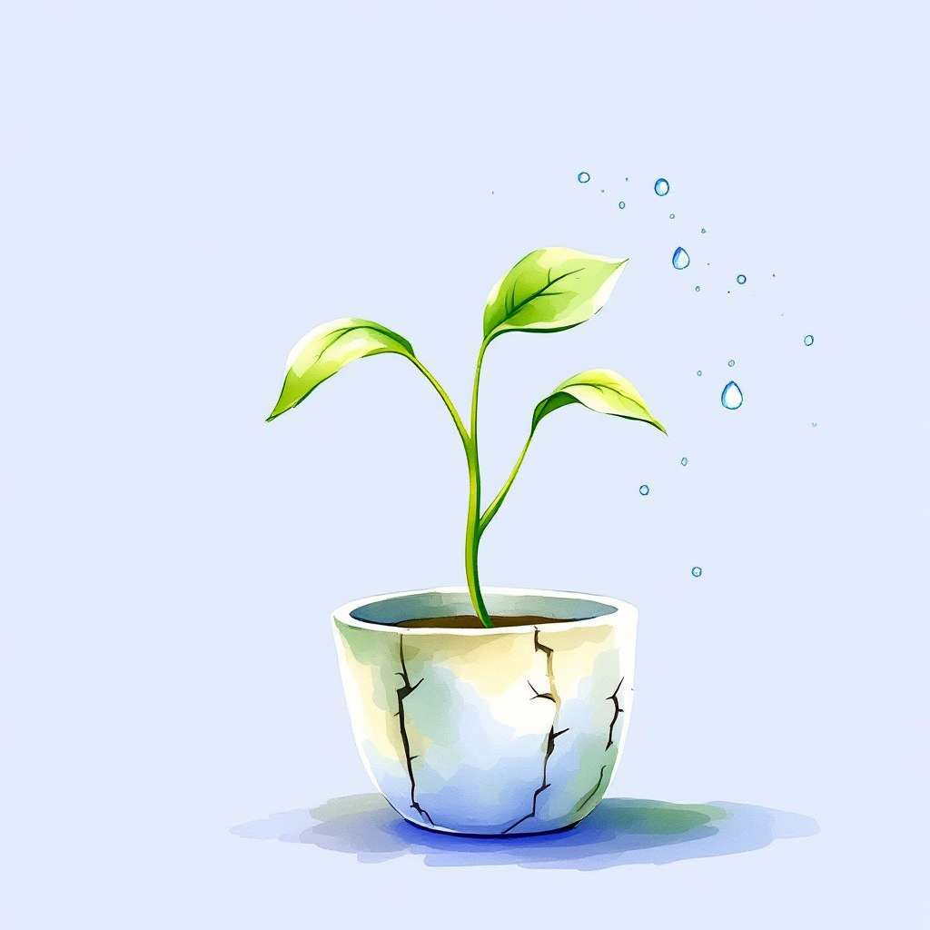 A small green plant with two leaves grows from a cracked pot, symbolizing hope as a seed nurtured through choices, with droplets of water surrounding it.