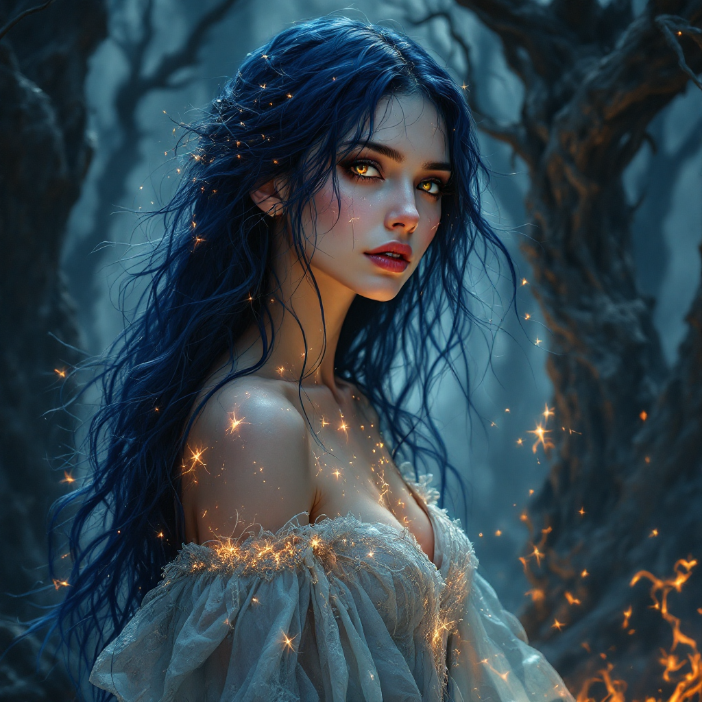 A wistful young woman with long blue hair gazes toward the viewer, surrounded by dark, twisted trees and glowing sparks, embodying a sense of fading power and lingering beauty.