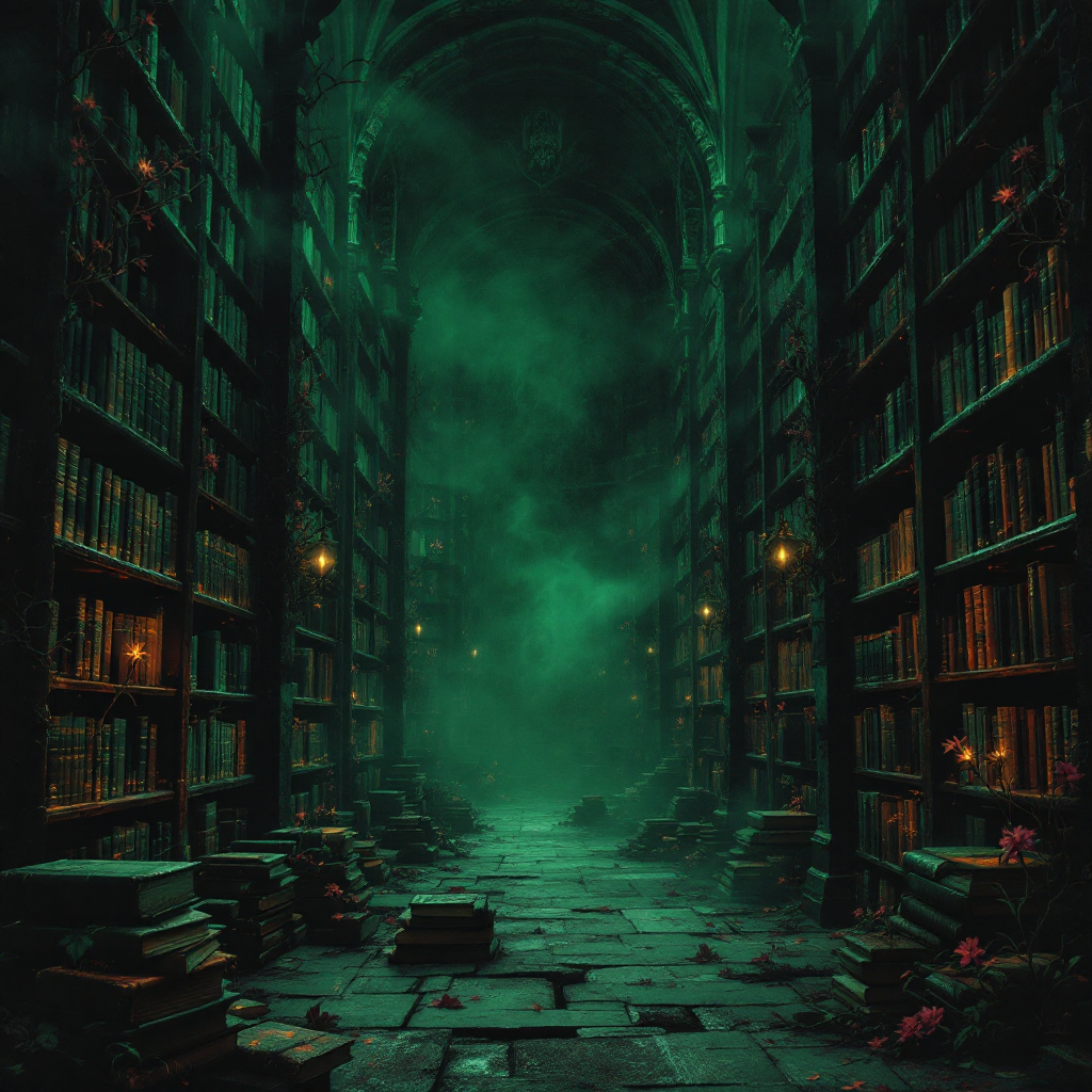 A dimly lit, ethereal library filled with towering bookshelves and scattered volumes, evoking a sense of refuge and mystery, embodying the quote about books always being there to offer solace.