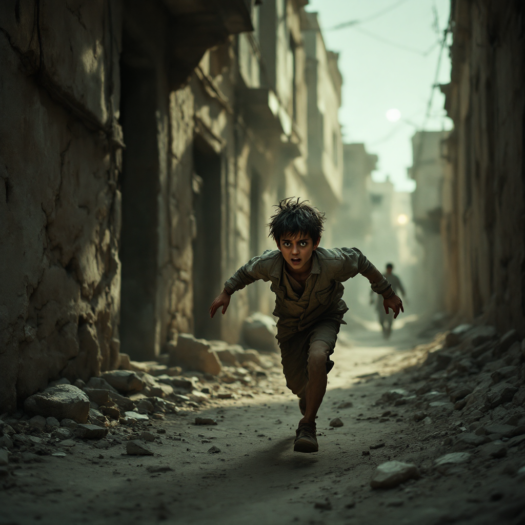 A young boy runs fearfully down a desolate alley, rubble on the ground and shadows looming, embodying the cowardice and fear expressed in the quote about running from Assef.