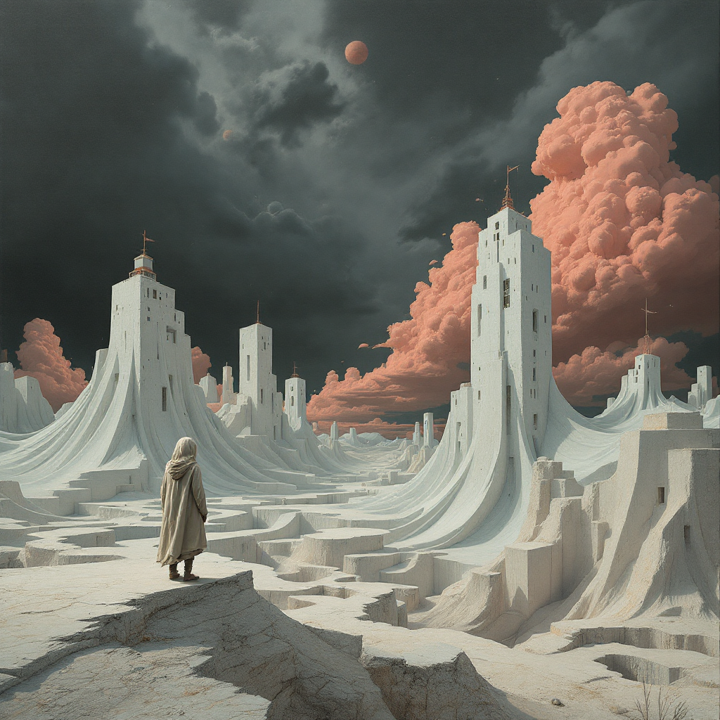 A lone figure stands on a surreal landscape, dominated by fluid, towering white structures under a stormy sky with vibrant clouds and distant planets, reflecting a world of shifting truths.