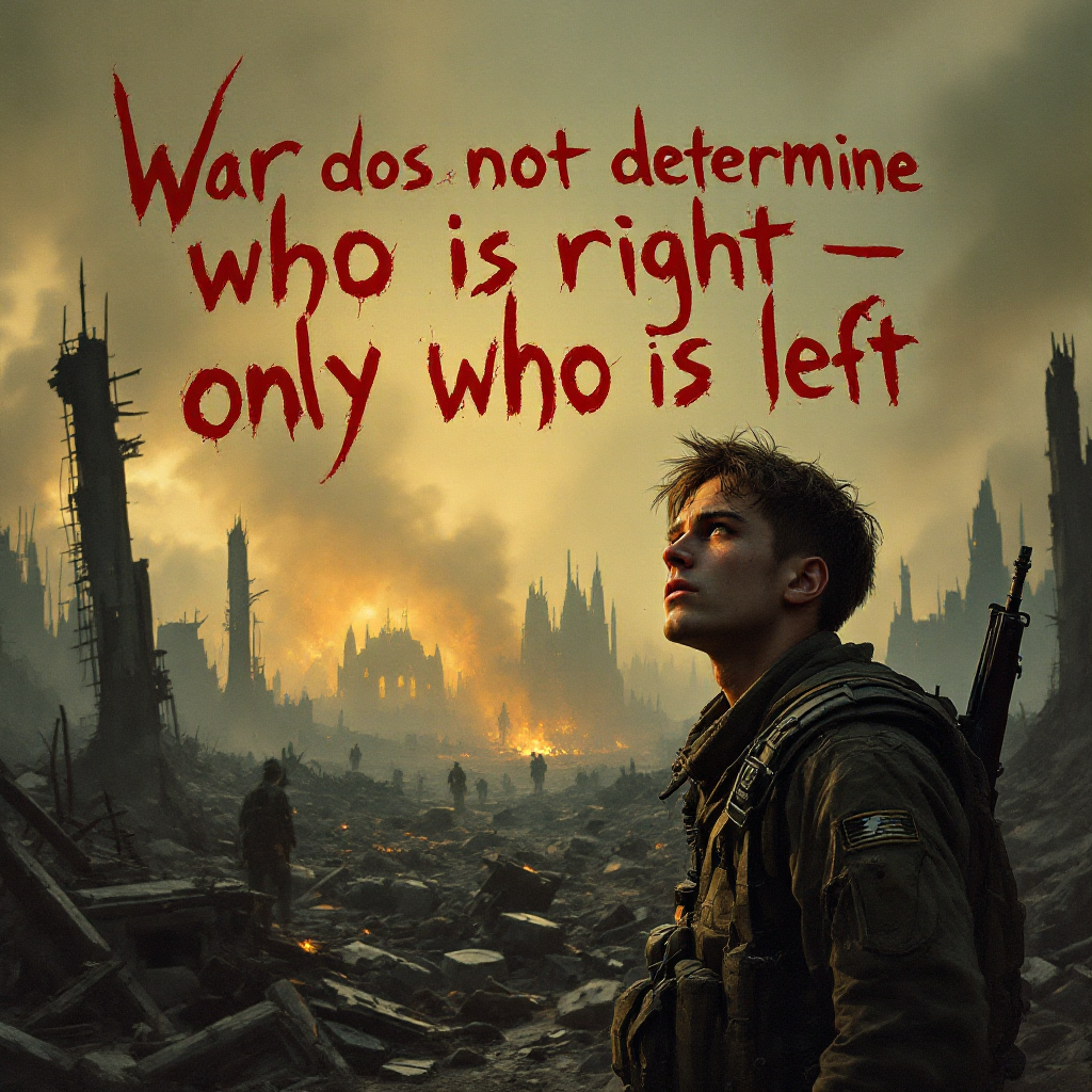 A soldier stands amidst a war-torn landscape, gazing towards a fiery horizon, with the quote War does not determine who is right – only who is left prominently displayed above.