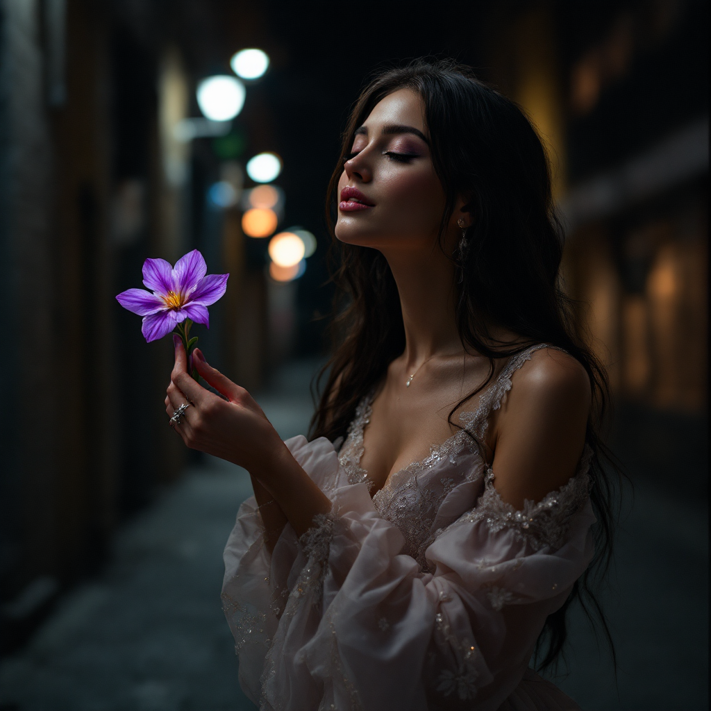 A woman in a soft, flowing dress holds a vibrant purple flower, her eyes closed as she embraces the moment, embodying kindness and hope amidst a dimly lit street.