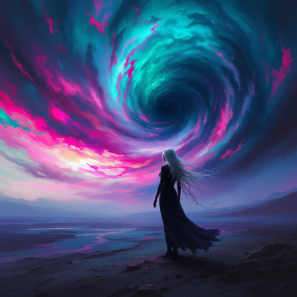 A silhouetted figure stands on a shore, gazing at a swirling vortex of vibrant colors in the sky, embodying the quote about destiny being chosen for us.