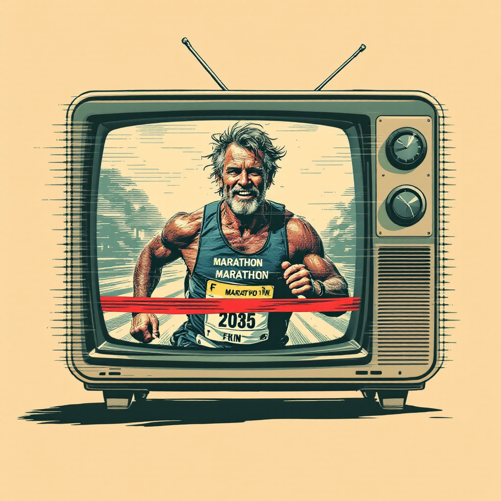 A vintage television displays a muscular man in a marathon tank top crossing a finish line, illustrating the quote about perseverance as many short races.