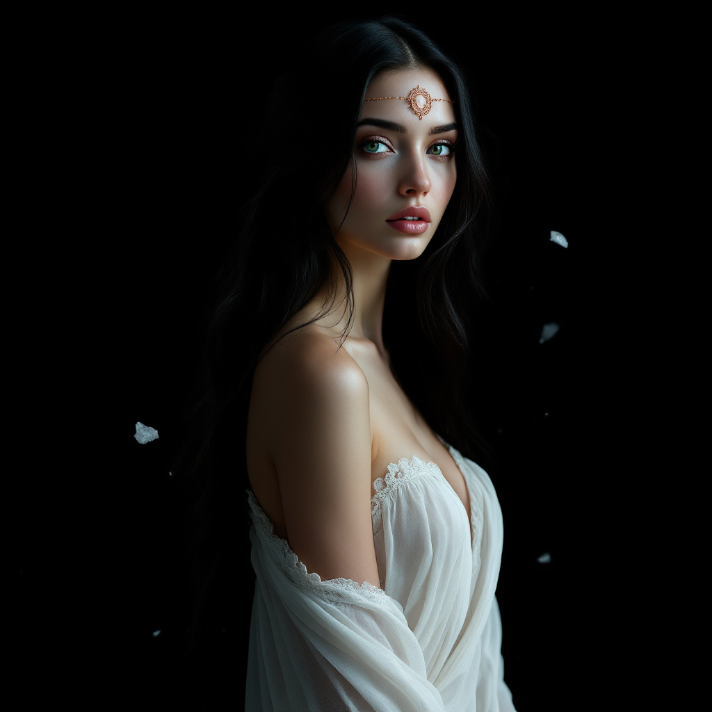 A serene young woman with long dark hair, wearing a flowing white gown, gazes confidently at the viewer. A delicate symbol adorns her forehead, embodying the quote about courage under pressure.