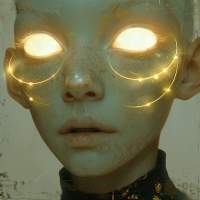 Close-up of an alien with pale, flawless skin and luminous eyes featuring gold rings radiating from the pupils.