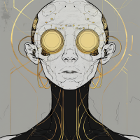 Illustration of an alien with tall, muscular build and pale, flawless skin. Features gold-ringed eyes and a hairless head, underscored by intricate golden patterns.