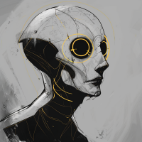 Illustration of an alien with pale, flawless skin, golden concentric circles in its eyes, and a hairless head, highlighted with thin gold lines.