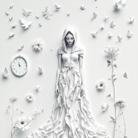 A serene figure in a flowing gown, surrounded by white flowers and fluttering butterflies, contemplates existence against a backdrop of time, reflecting on the nature of humanity.