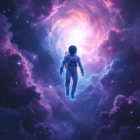 An astronaut floats through a vivid cosmic scene, surrounded by swirling clouds of purple and pink, embodying the idea that in space, imagination knows no bounds.