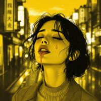 A woman stands in a vibrant, yellow-toned cityscape, eyes closed in an emotional expression. A tear rolls down her cheek, capturing the bittersweet essence of love and longing.