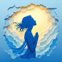 A silhouette of a woman with flowing hair, standing in profile with hands clasped in prayer, surrounded by soft clouds in varying shades of blue and a golden light emerging from behind.