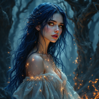 A wistful young woman with long blue hair gazes toward the viewer, surrounded by dark, twisted trees and glowing sparks, embodying a sense of fading power and lingering beauty.