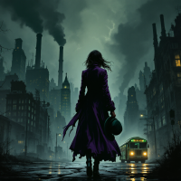 A figure in a purple coat stands in a dark, industrial landscape, shrouded in mist and shadows, embodying the resonance of the past in the present.