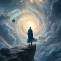 A figure in a flowing cloak stands on a rocky ledge, gazing into a swirling cosmic vortex filled with stars and planets, embodying the quest to understand the universe.