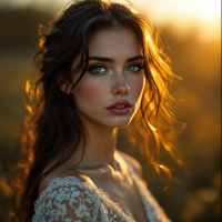 A young woman with flowing hair gazes softly at the camera, illuminated by warm golden light in a field, embodying beauty intertwined with a sense of profound melancholy.