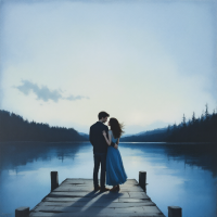 A couple stands on a wooden pier at dusk, embracing by a serene lake, embodying the complexities of connection, love, and the duality of secrets and family ties.