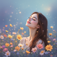 A serene young woman with closed eyes stands amidst a field of vibrant flowers, radiating tranquility and joy, embodying the quote about beauty felt with the heart. Soft sparkles surround her.