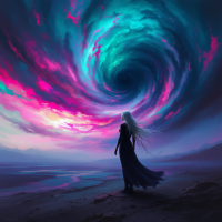 A silhouetted figure stands on a shore, gazing at a swirling vortex of vibrant colors in the sky, embodying the quote about destiny being chosen for us.