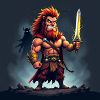 A fierce warrior with a lion-like mane stands confidently, wielding a glowing sword, embodying the quote about courage as mastery of fear, with a shadowy figure lurking behind.