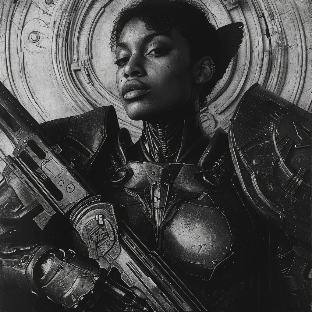 A portrait of a Black woman in futuristic armor, clutching a large gun, with an intense gaze, set against a circular patterned background. Inspired by Angels of Punching You in the Face.