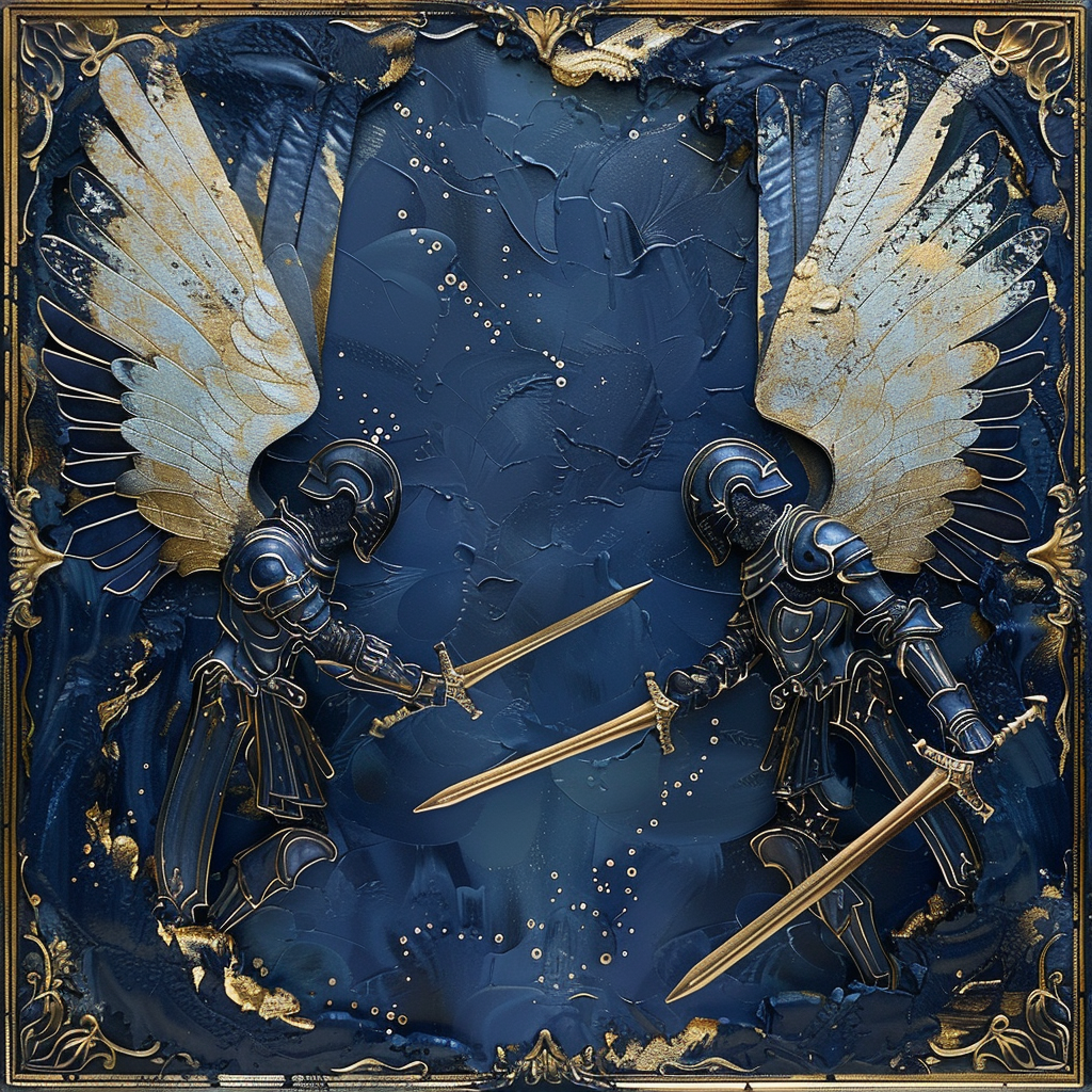 Two armored angels with swords and large wings depicted in a baroque frame, embodying the concept of Angels of Punching You in the Face.