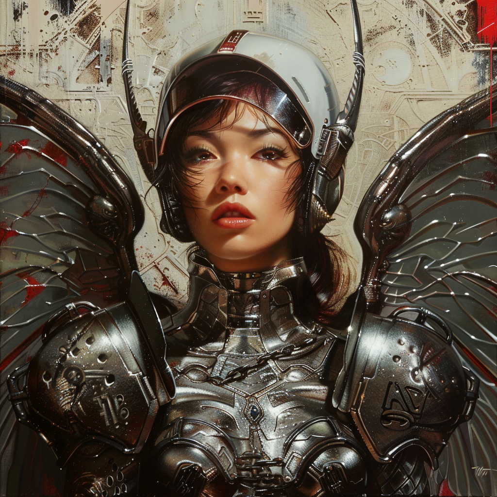 Illustration of a woman in metallic armor with mechanical wings, inspired by the book quote Angels of Punching You in the Face. She looks determined, with a futuristic helmet.