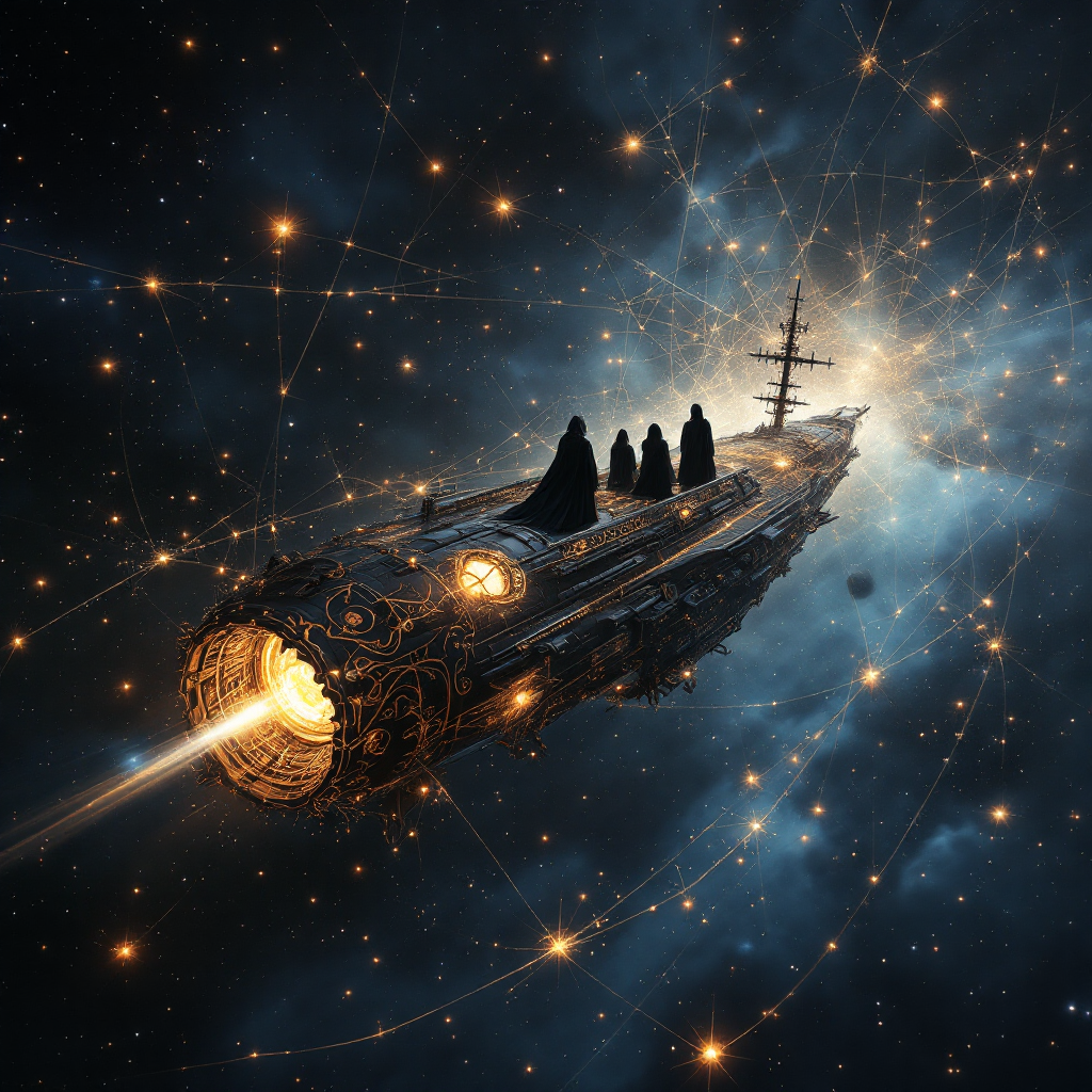 A majestic, ornate spaceship travels through a star-filled cosmos, symbolizing the intricate connections of society and the profound impact of change.